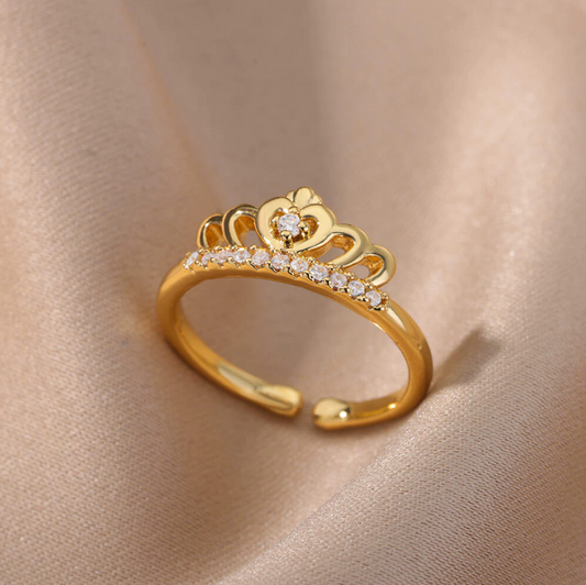 Crowned Heart Diamond Studded Gold Ring