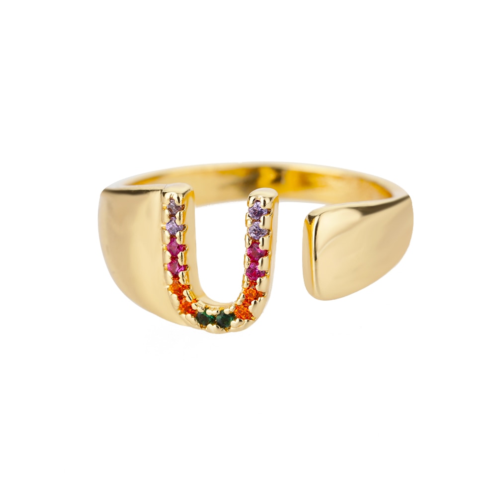 Rainbow Gemstone Alphabet Gold Rings