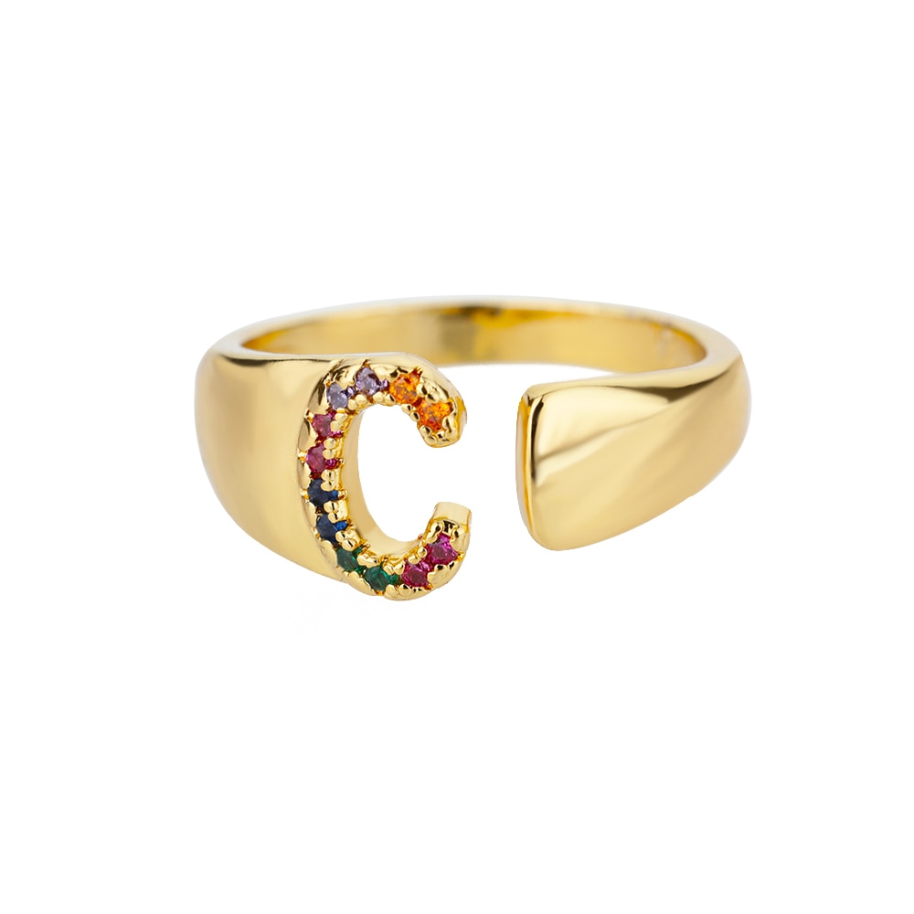 Rainbow Gemstone Alphabet Gold Rings