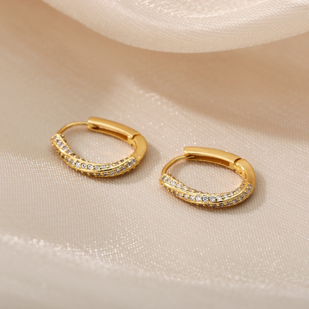 Oval Hoop Diamond Studded Gold Earrings