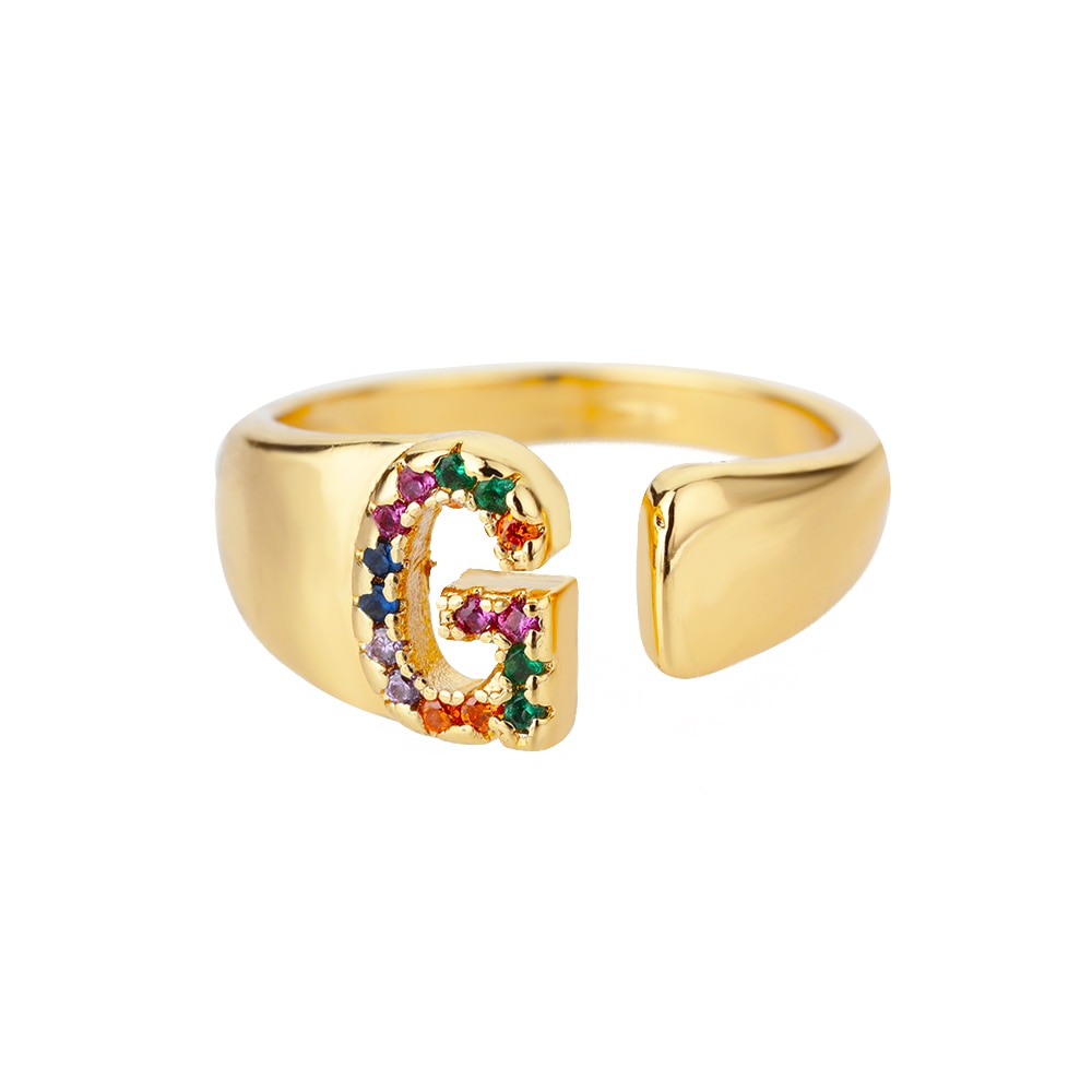 Rainbow Gemstone Alphabet Gold Rings