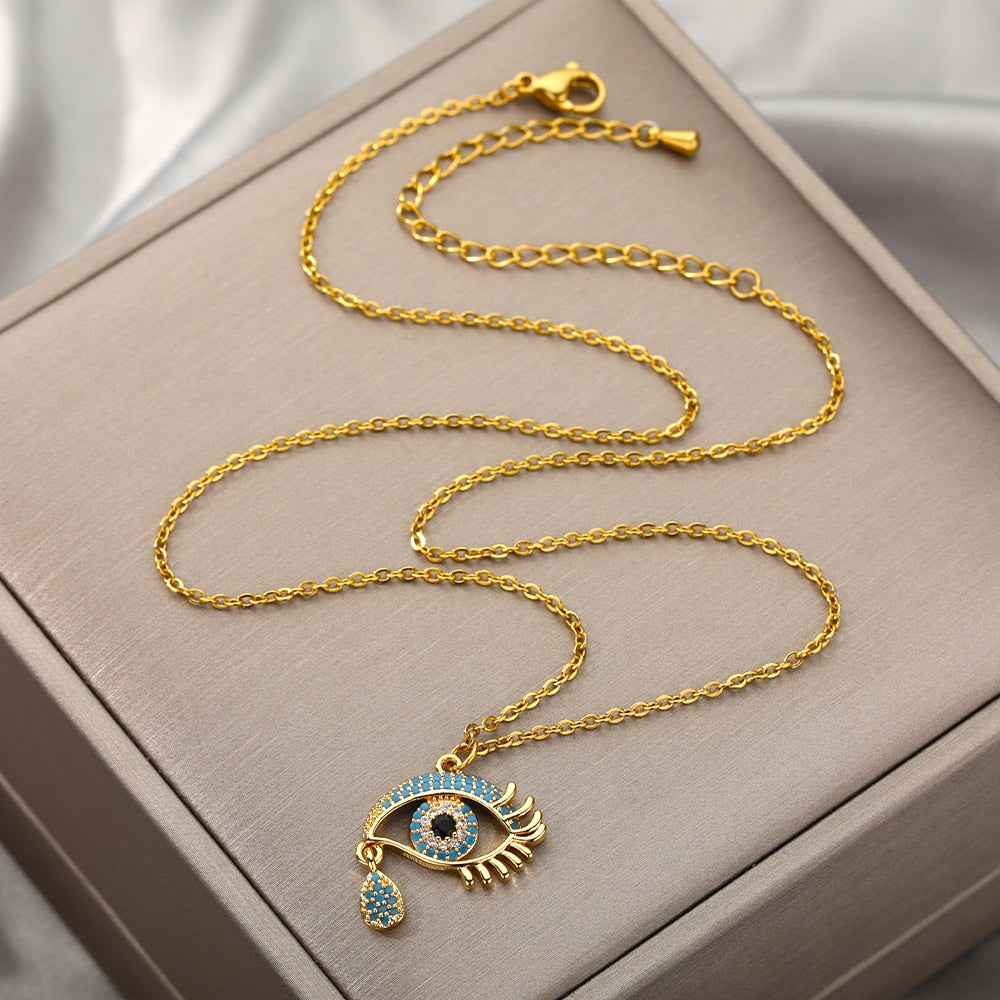 Evil-Eye Teardrop Pendant Gold Necklace