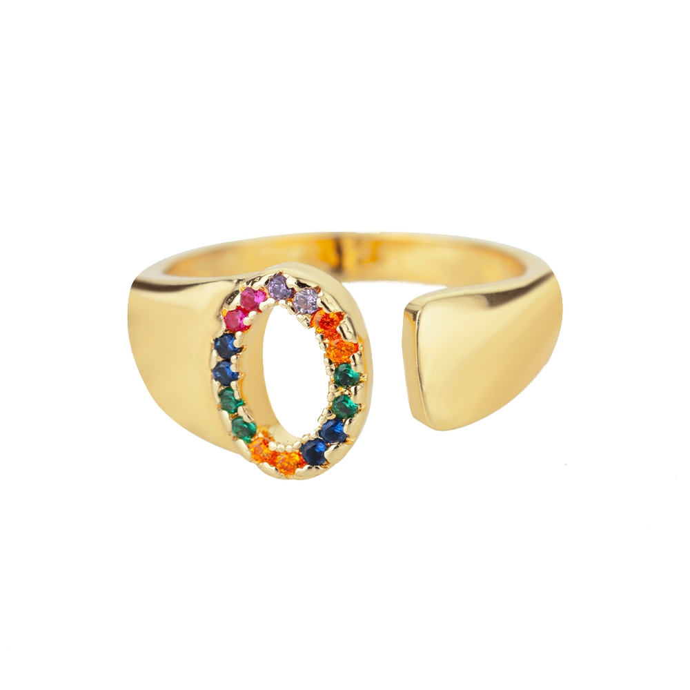 Rainbow Gemstone Alphabet Gold Rings