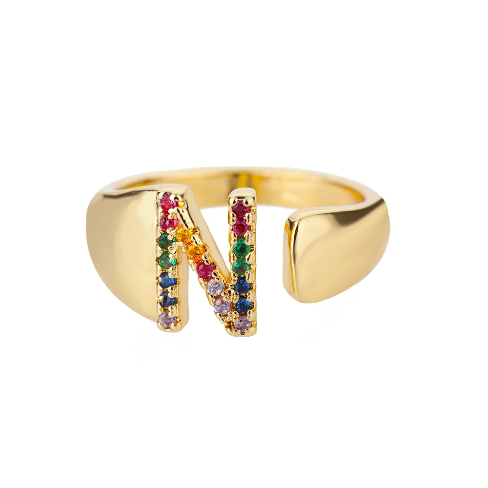 Rainbow Gemstone Alphabet Gold Rings