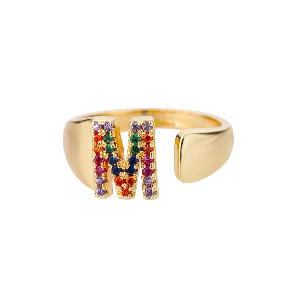 Rainbow Gemstone Alphabet Gold Rings