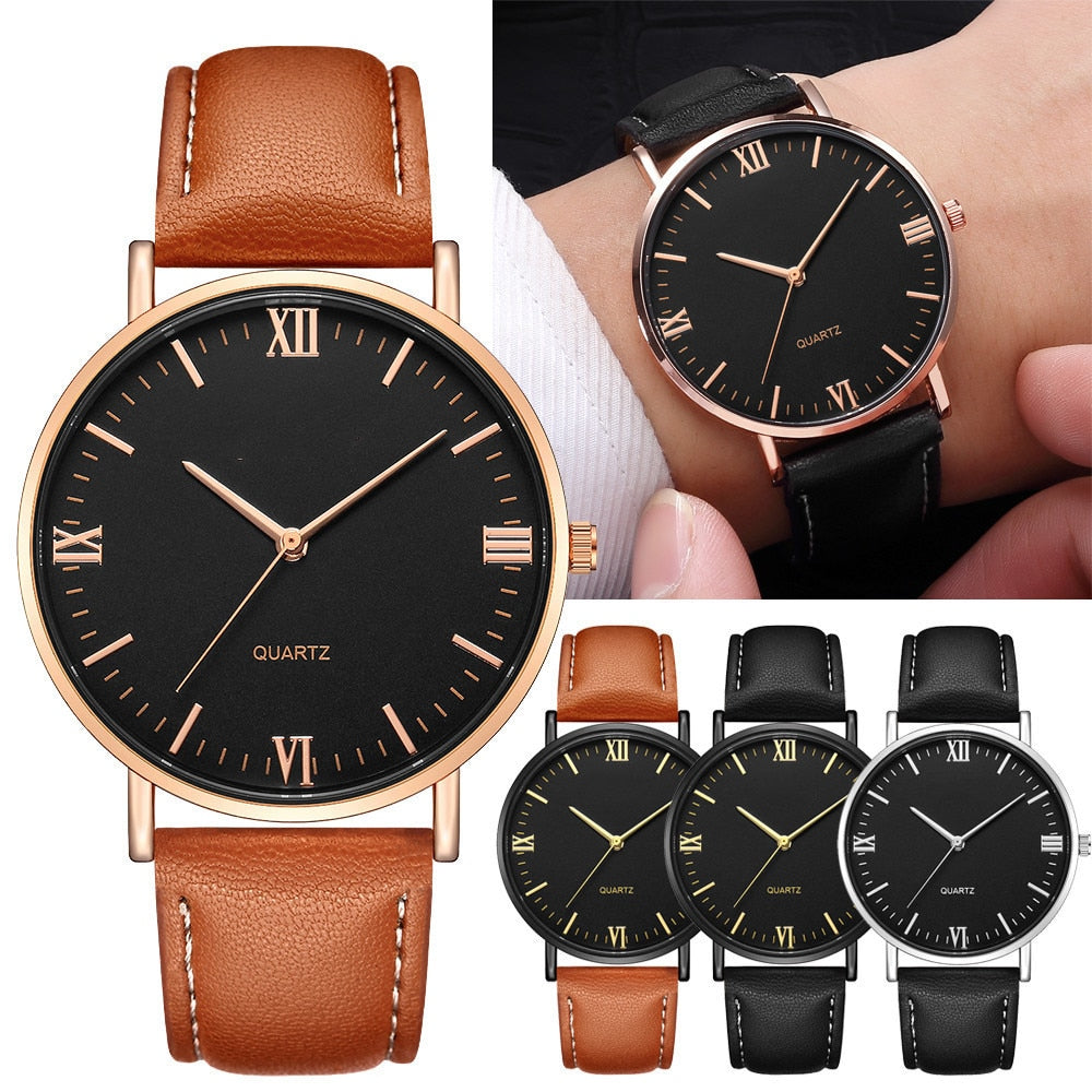 Roman Numeral Quartz Leather Strap Watch