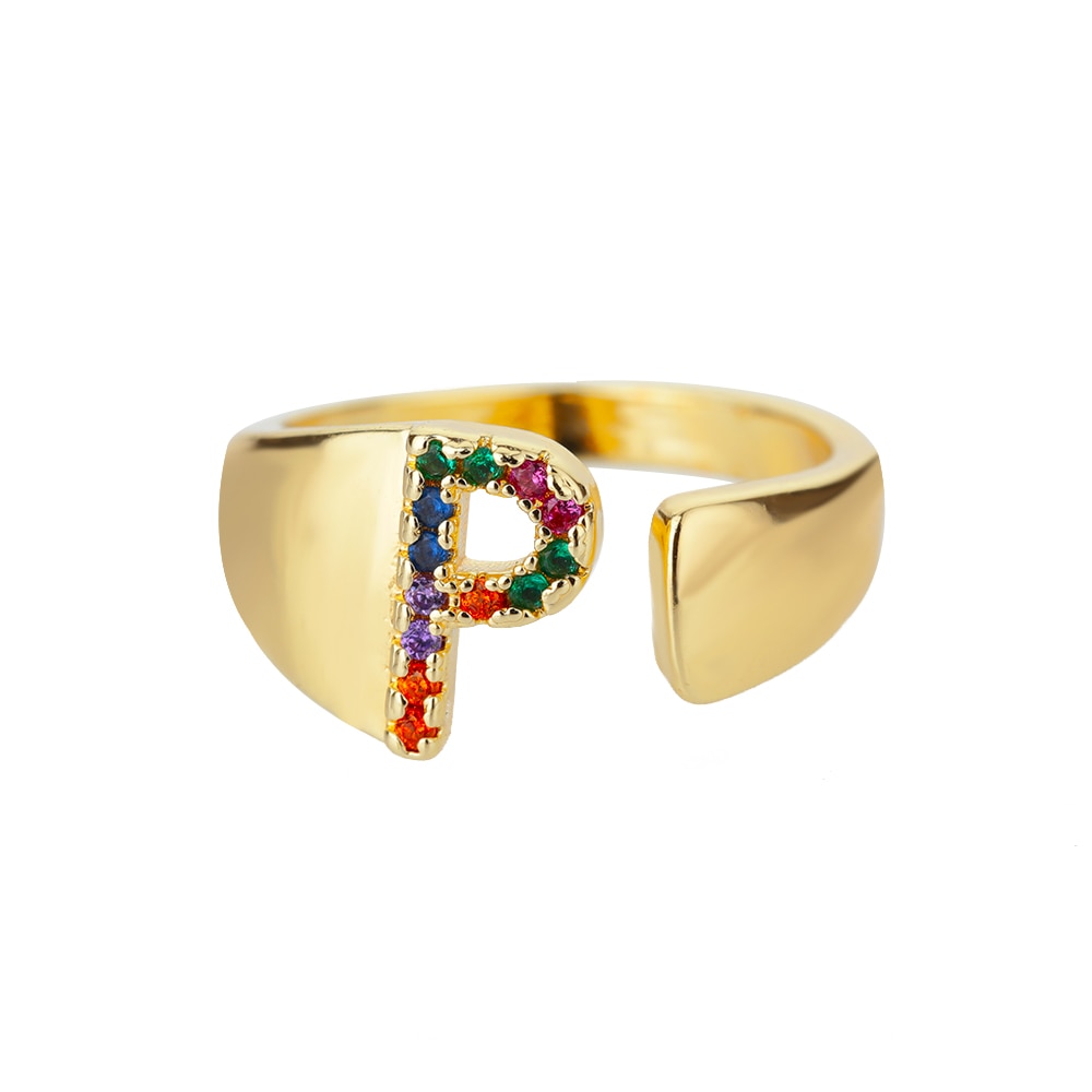 Rainbow Gemstone Alphabet Gold Rings