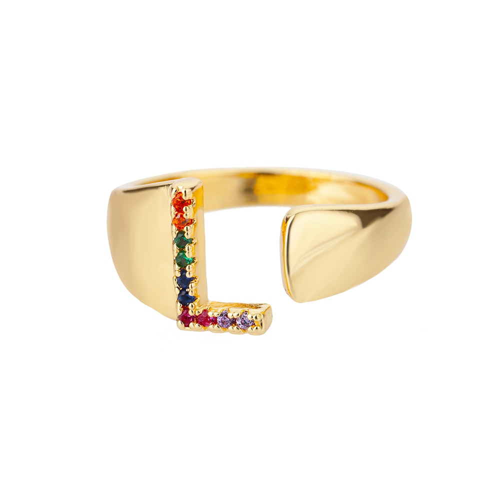 Rainbow Gemstone Alphabet Gold Rings