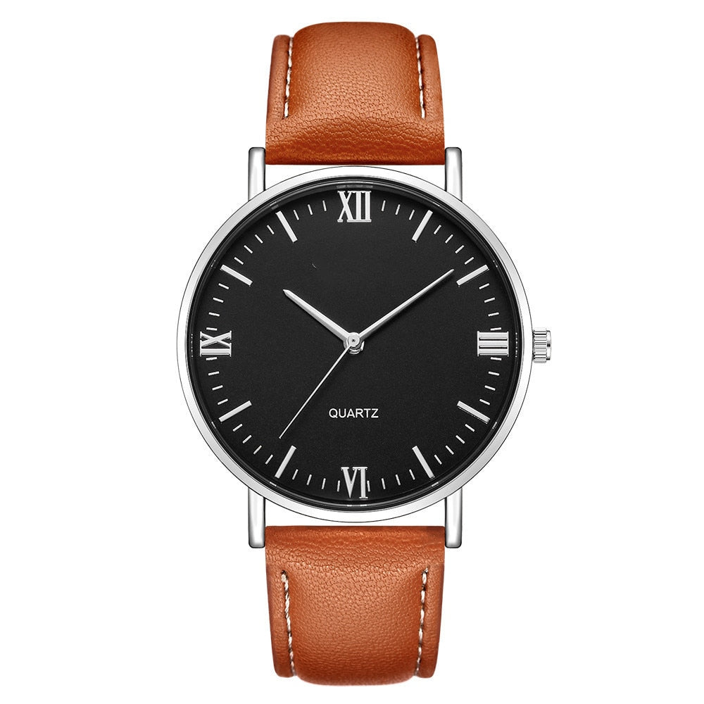 Roman Numeral Quartz Leather Strap Watch