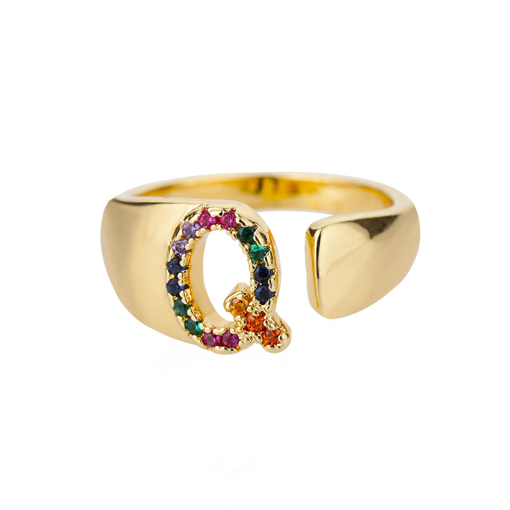 Rainbow Gemstone Alphabet Gold Rings