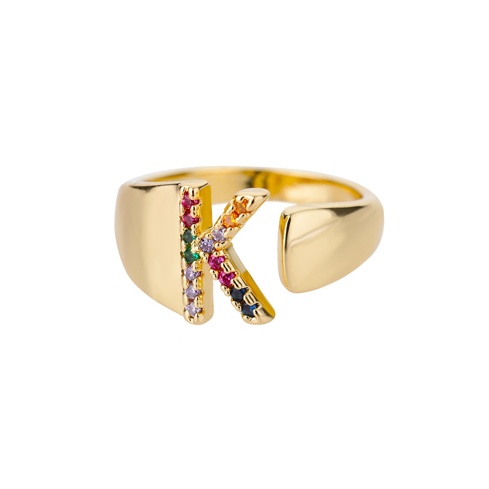 Rainbow Gemstone Alphabet Gold Rings