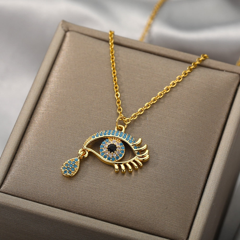 Evil-Eye Teardrop Pendant Gold Necklace