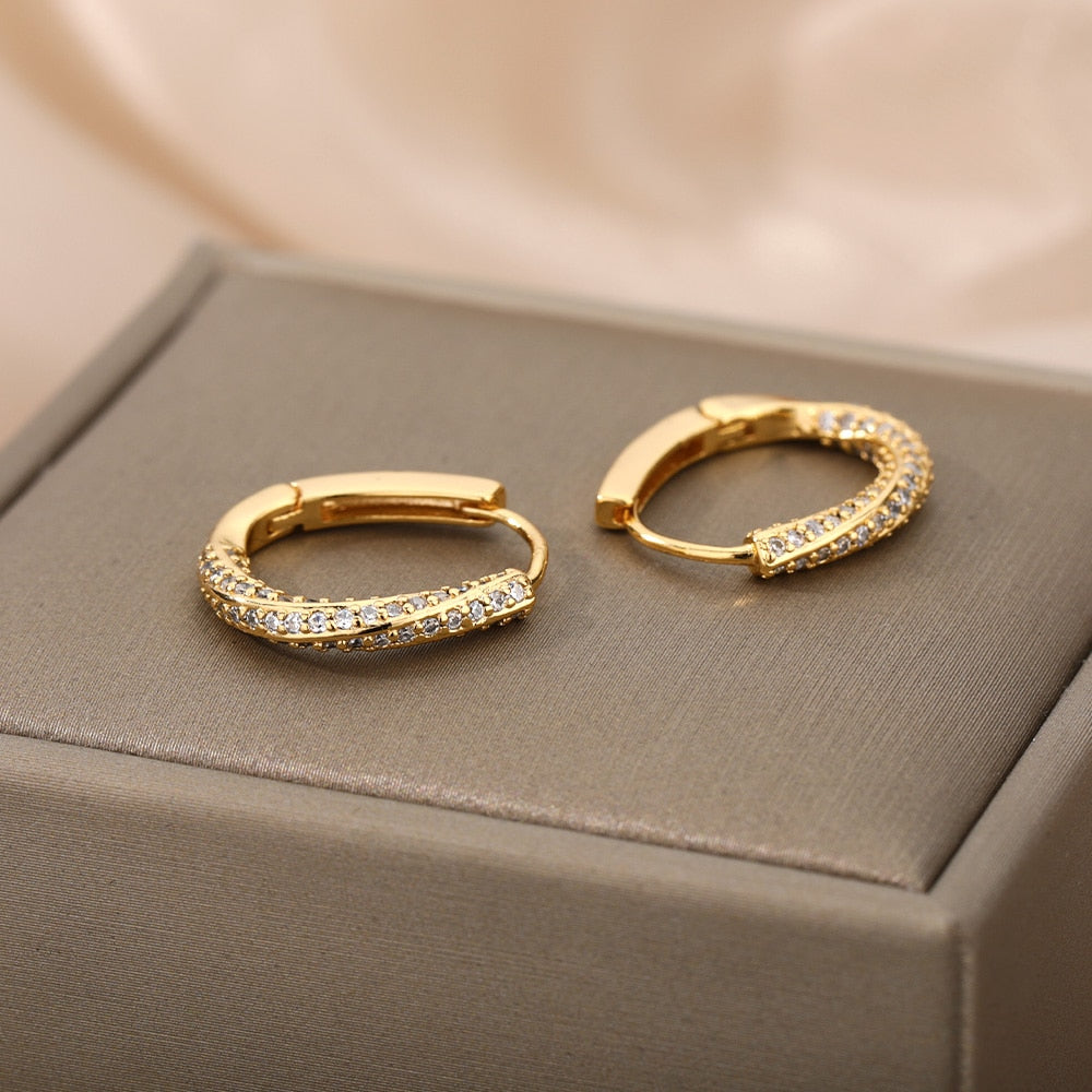 Oval Hoop Diamond Studded Gold Earrings