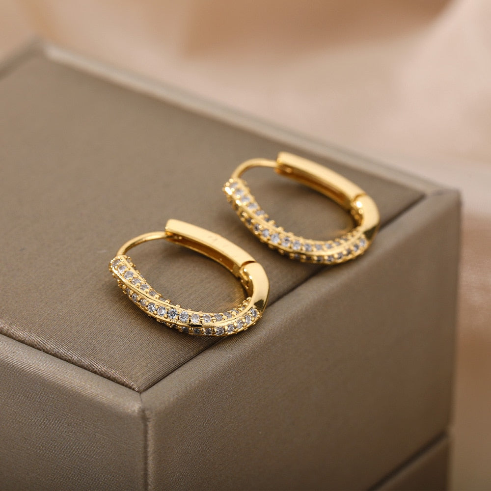 Oval Hoop Diamond Studded Gold Earrings