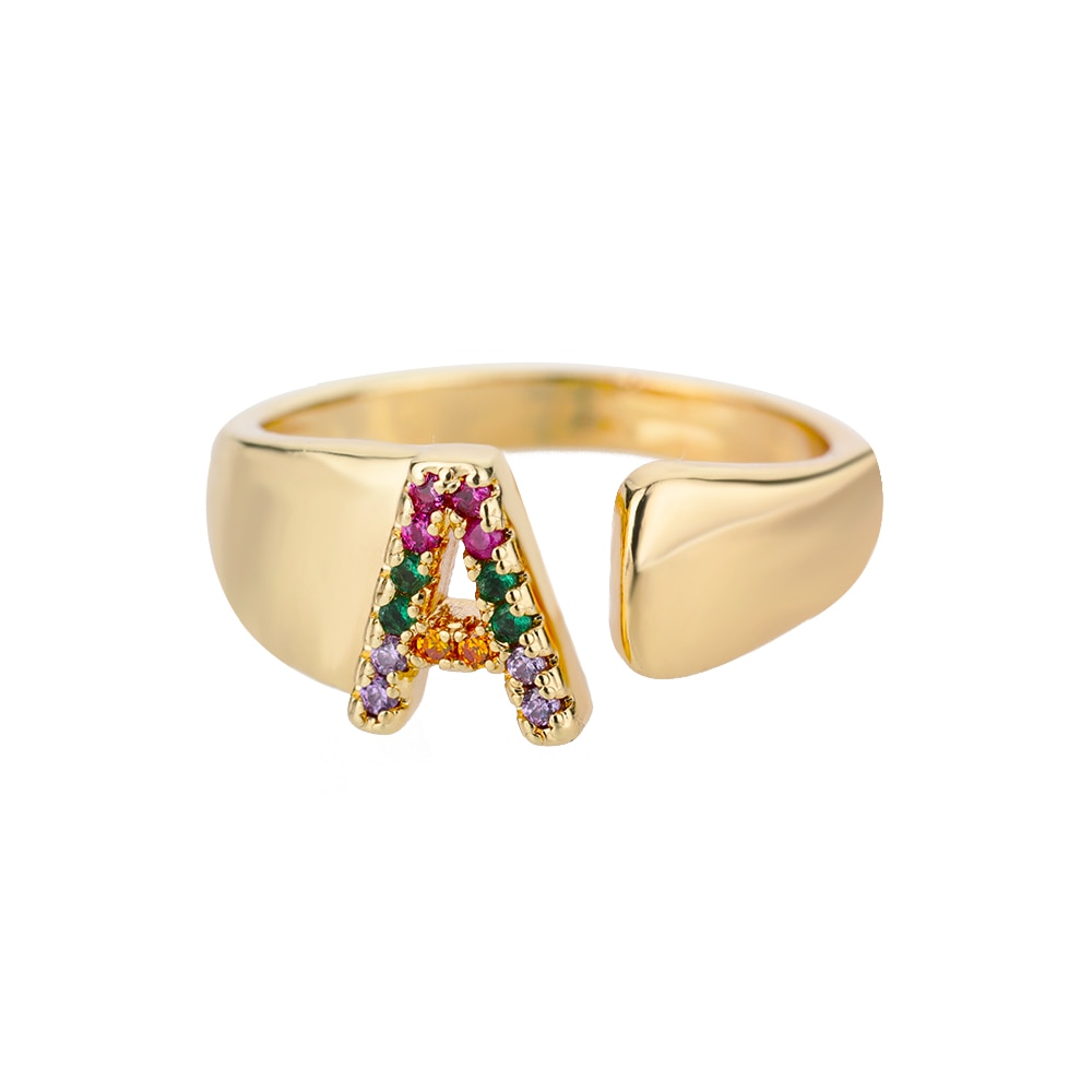 Rainbow Gemstone Alphabet Gold Rings