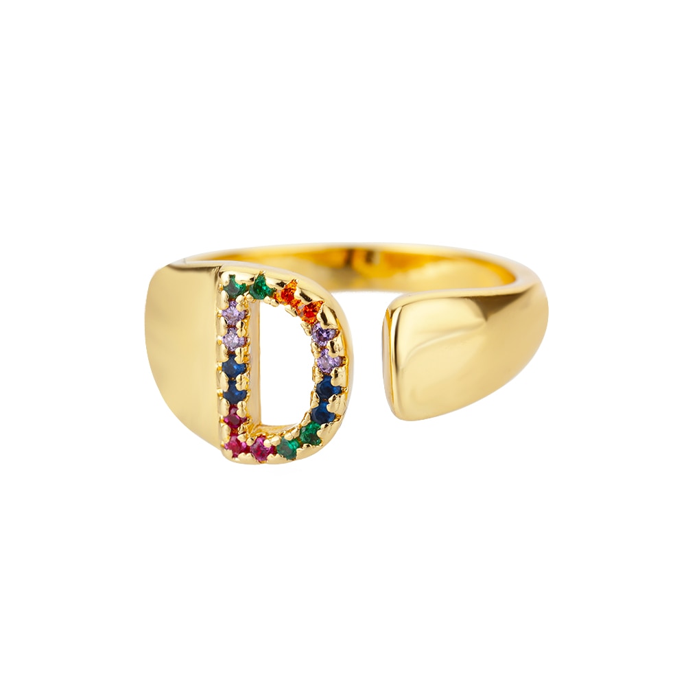 Rainbow Gemstone Alphabet Gold Rings