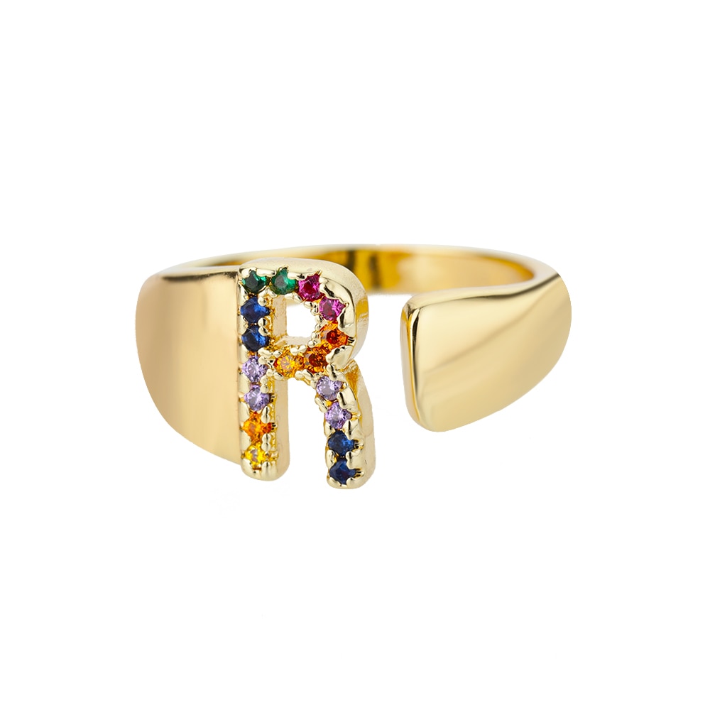 Rainbow Gemstone Alphabet Gold Rings