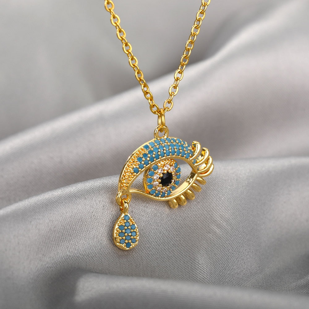 Evil-Eye Teardrop Pendant Gold Necklace