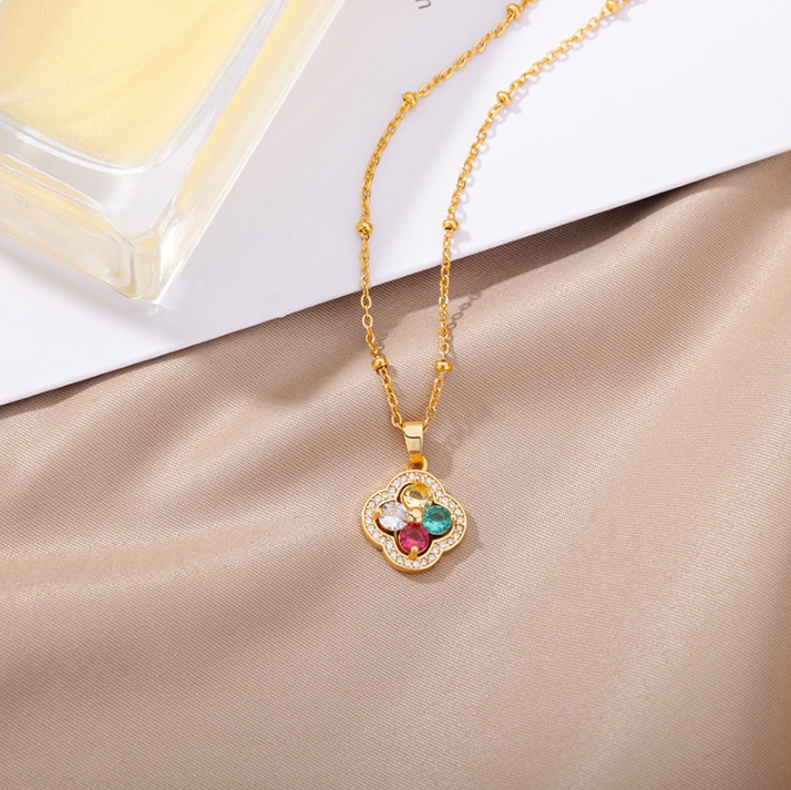 Multi-Gemstone Diamond Studded Pendant Gold Necklace