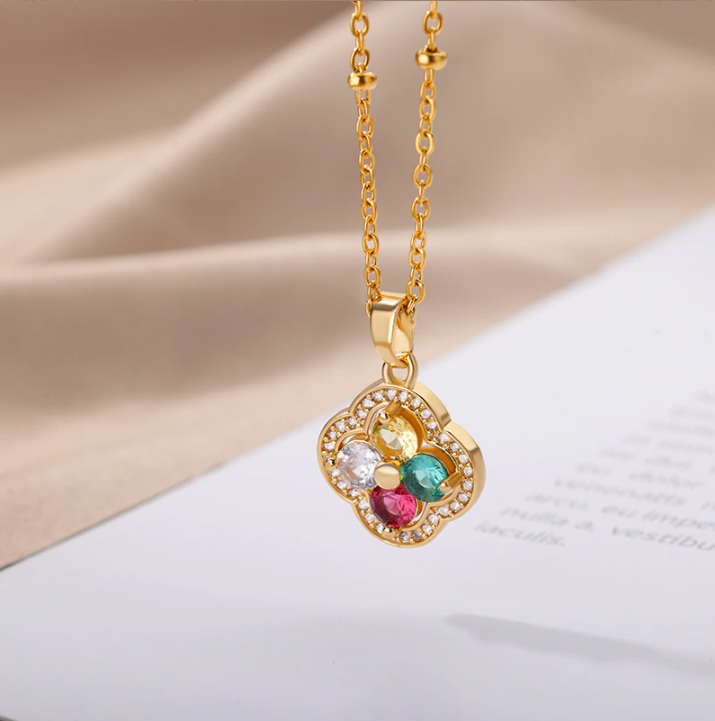 Multi-Gemstone Diamond Studded Pendant Gold Necklace