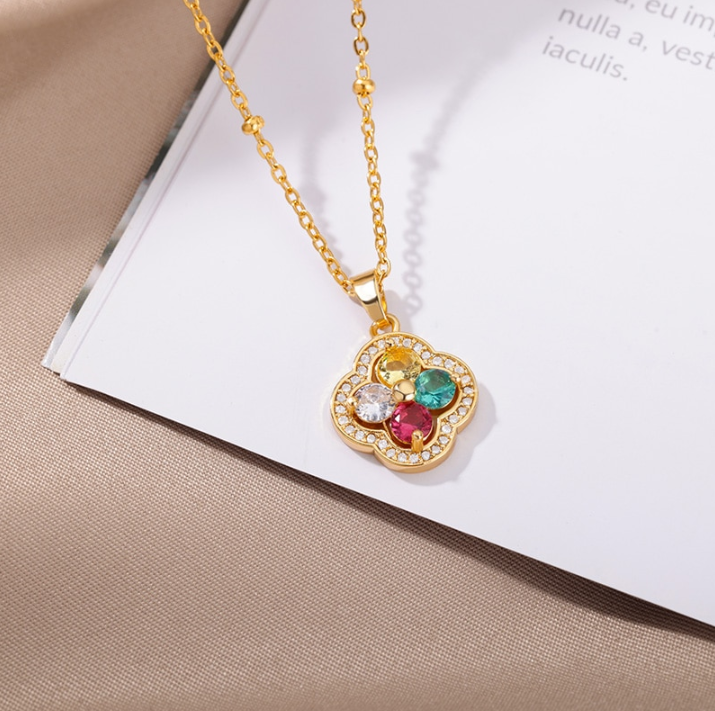 Multi-Gemstone Diamond Studded Pendant Gold Necklace