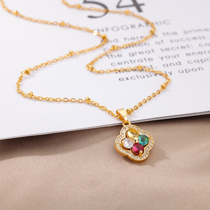 Multi-Gemstone Diamond Studded Pendant Gold Necklace