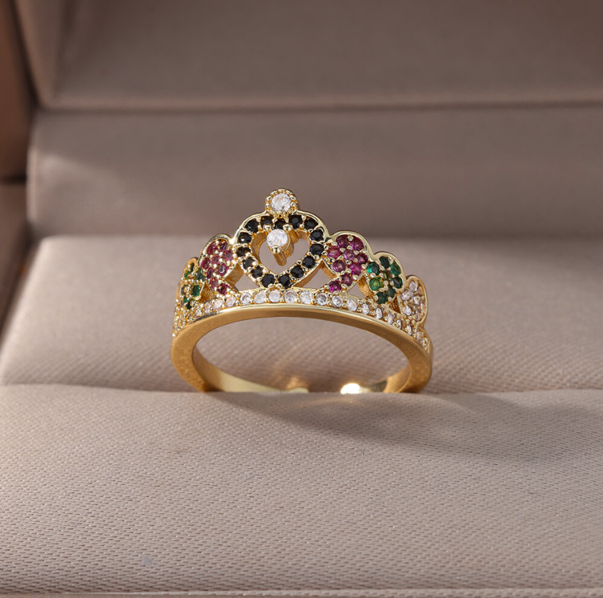 Multi-Gemstone Crown Gold Ring