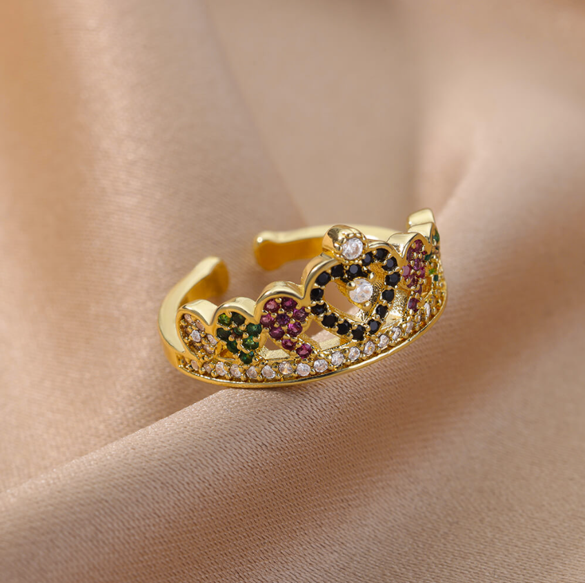 Multi-Gemstone Crown Gold Ring