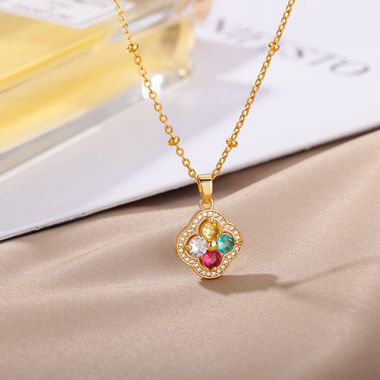 Multi-Gemstone Diamond Studded Pendant Gold Necklace