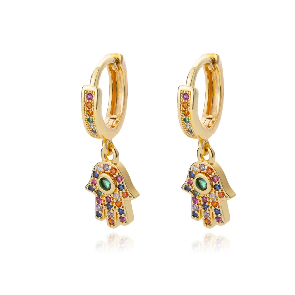 Rainbow Gemstone Hand of Hamsa Gold Drop Earrings