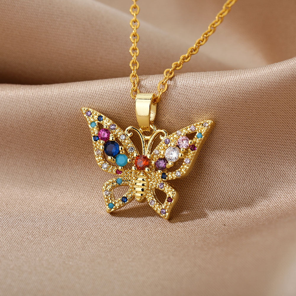 Crystal Butterfly Pendant Gold Necklace