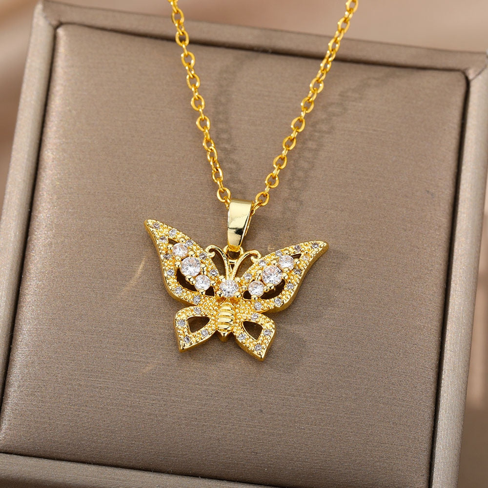 Crystal Butterfly Pendant Gold Necklace