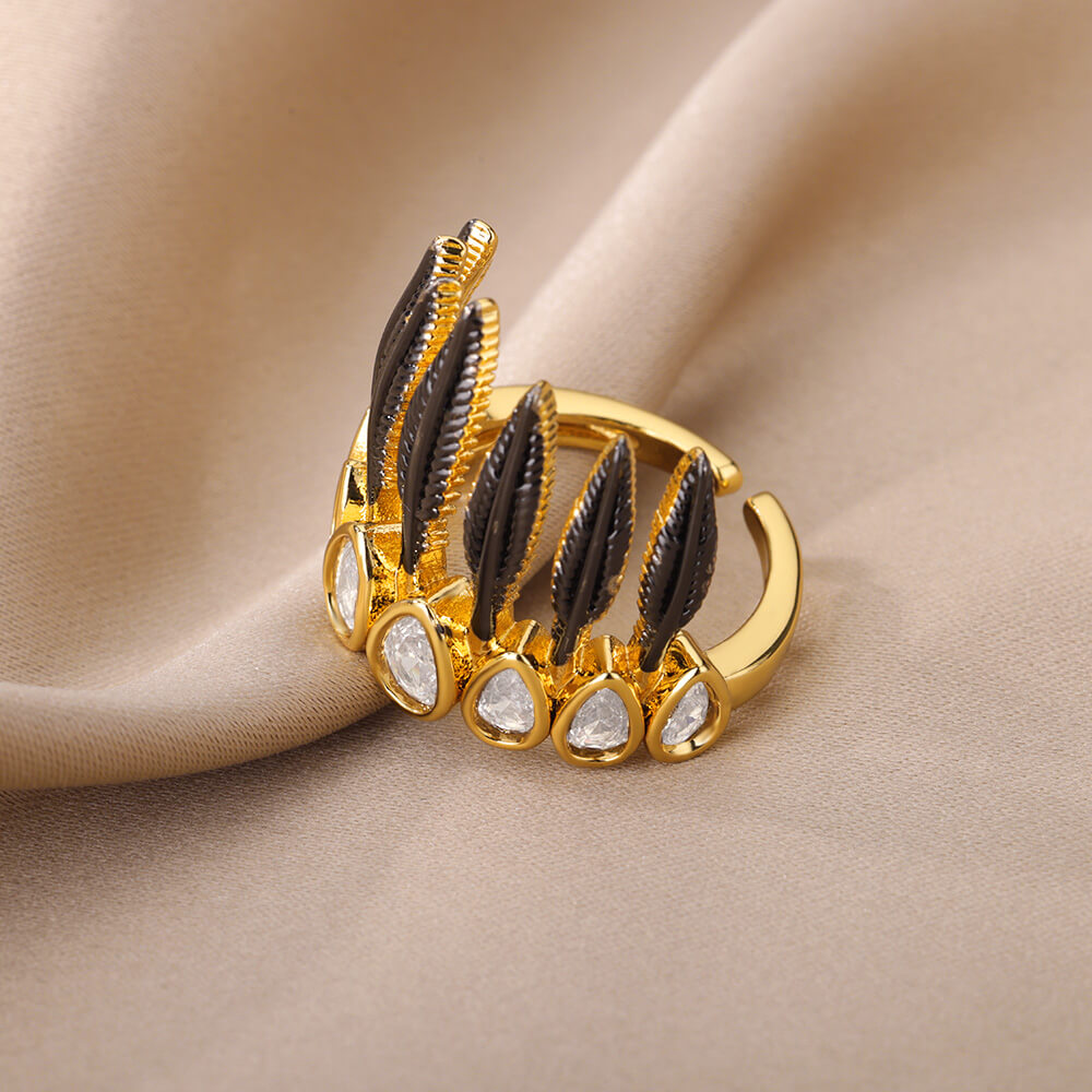 Black Feather Crown Gold Ring