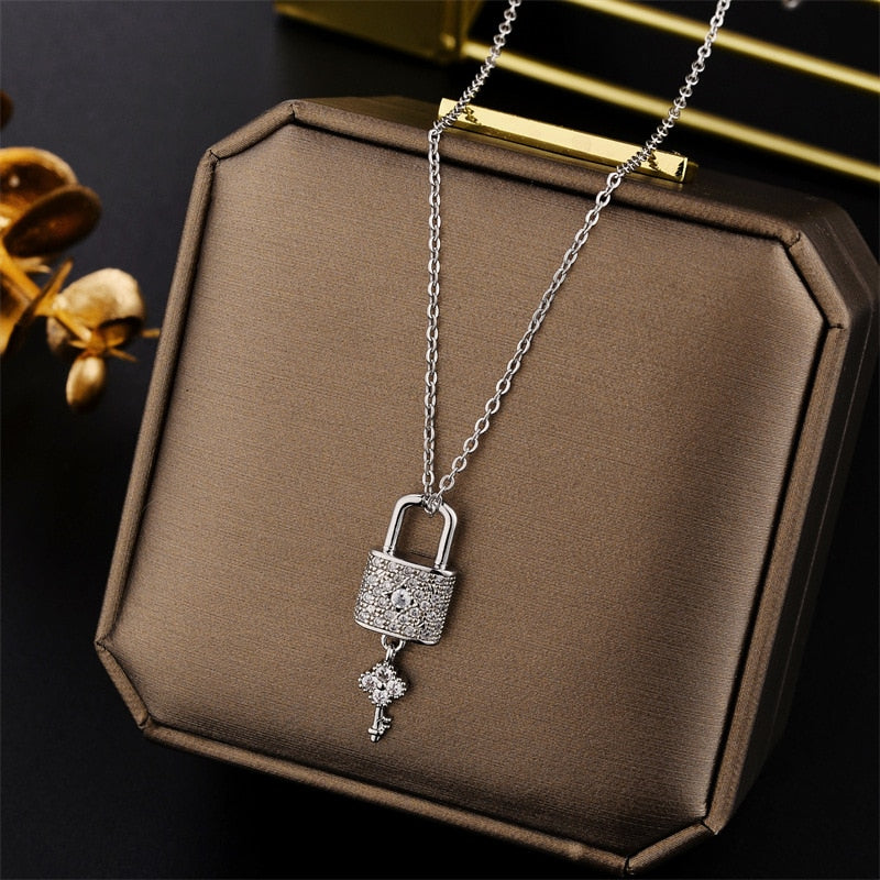 Crystal Lock Key Pendant Necklaces