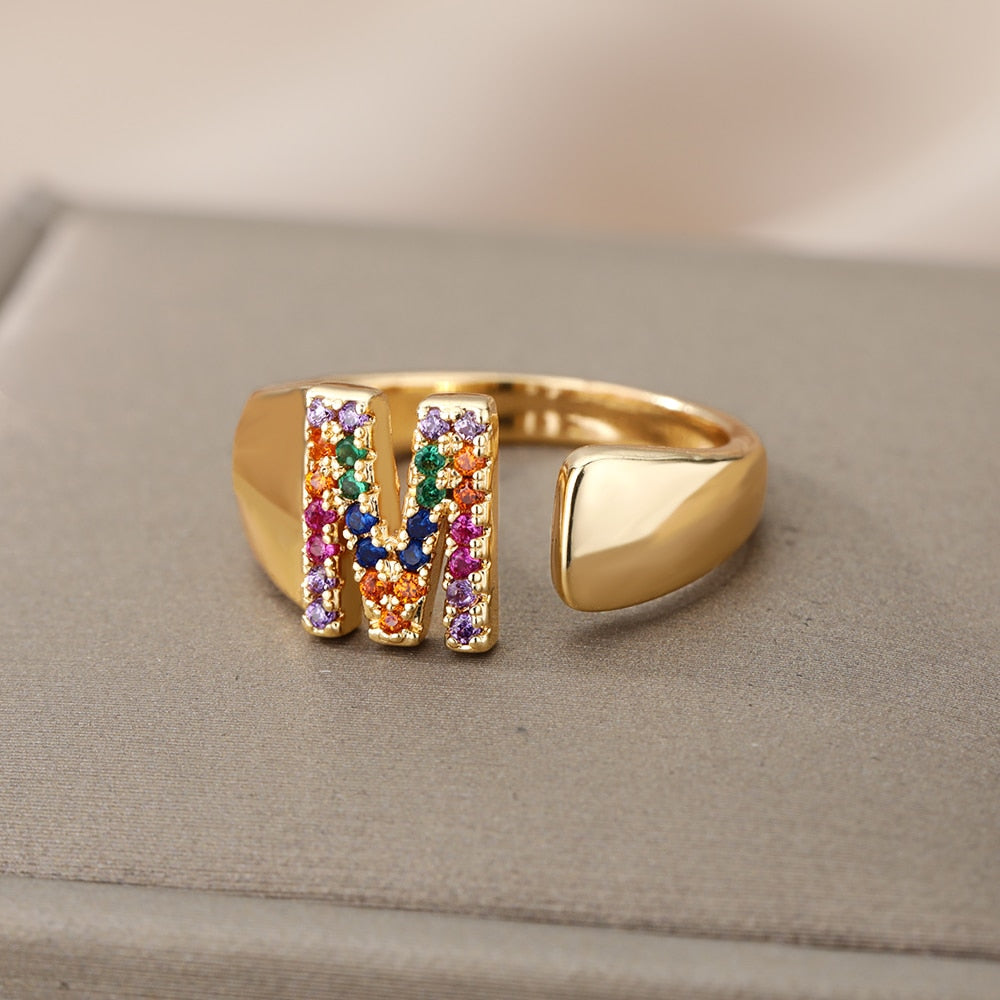 Rainbow Gemstone Alphabet Gold Rings