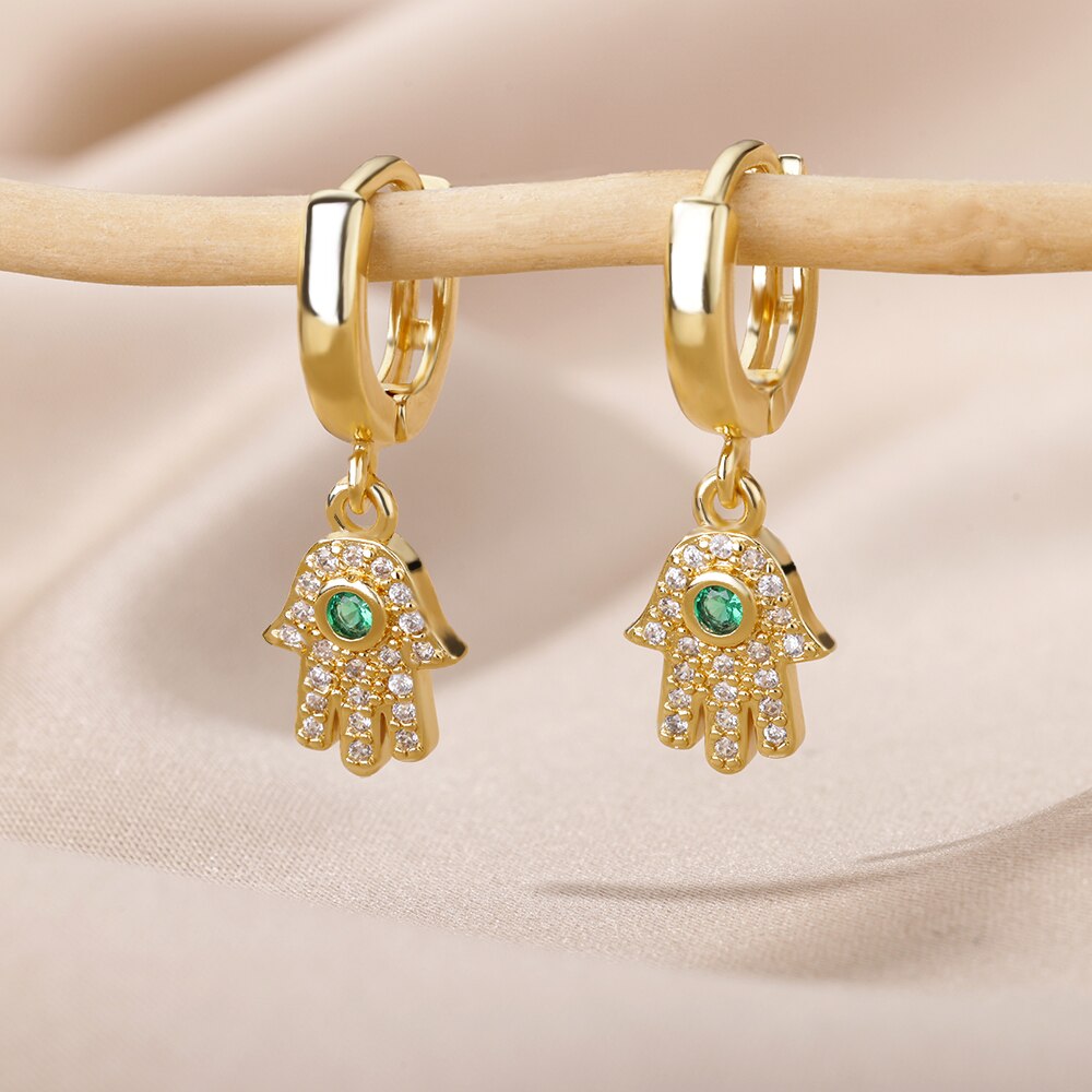 Rainbow Gemstone Hand of Hamsa Gold Drop Earrings