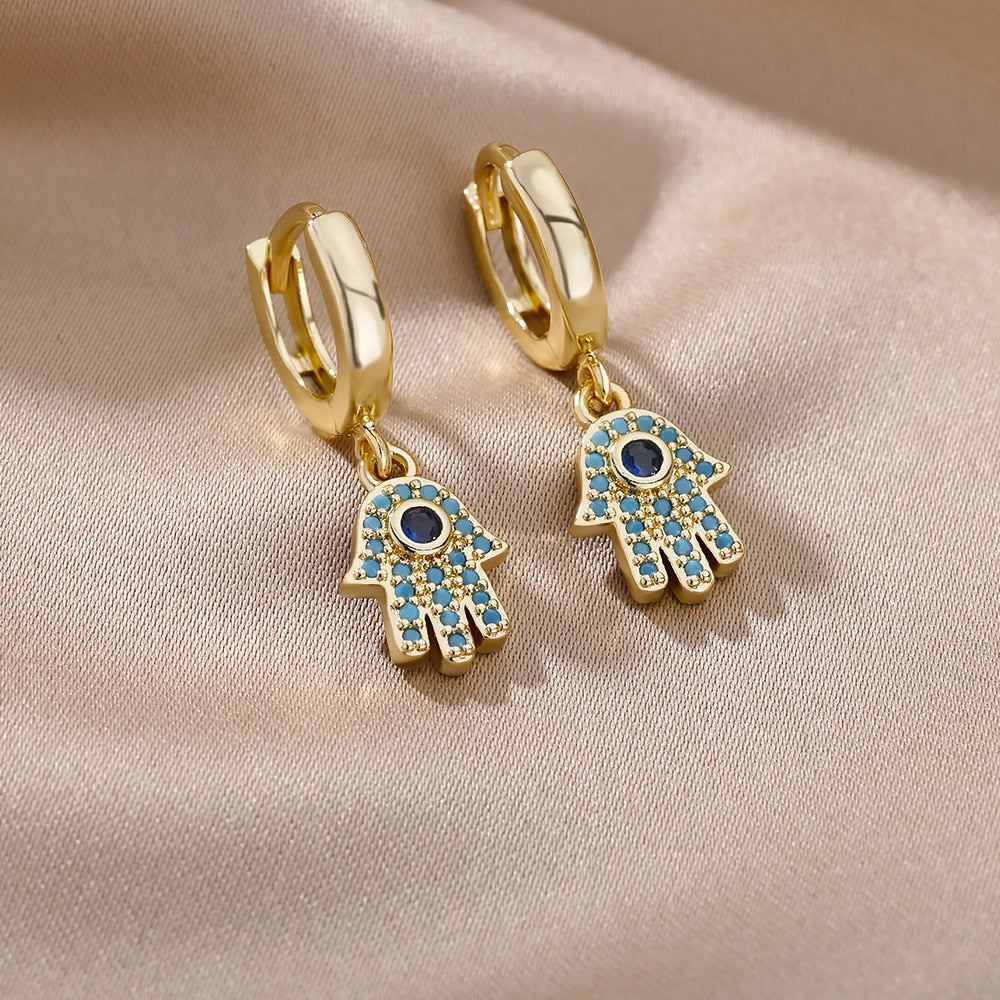 Rainbow Gemstone Hand of Hamsa Gold Drop Earrings