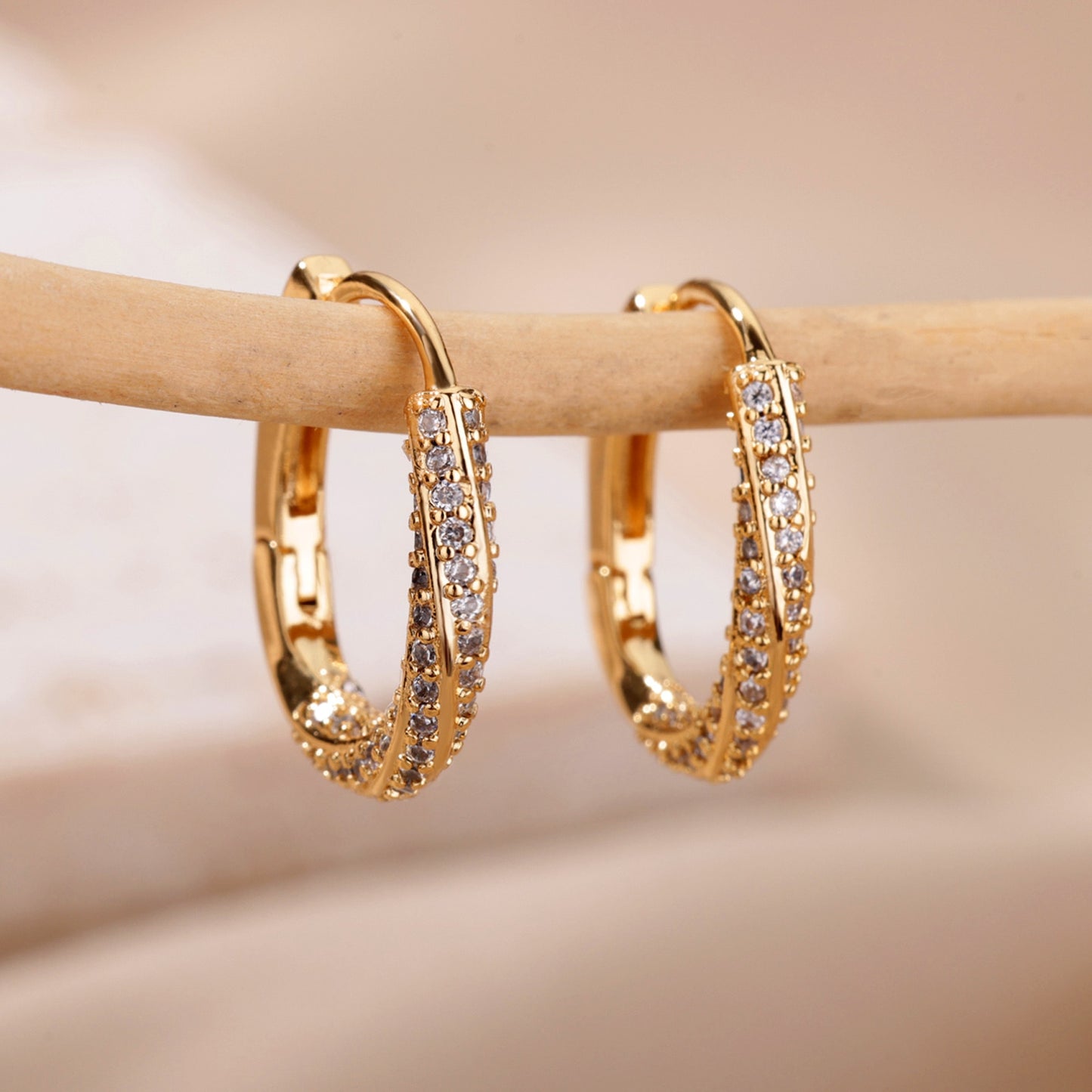 Oval Hoop Diamond Studded Gold Earrings