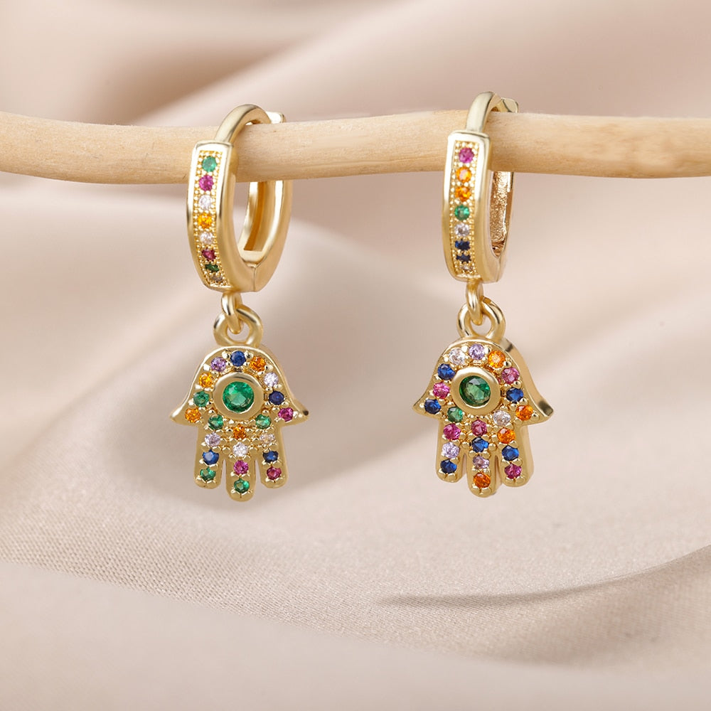 Rainbow Gemstone Hand of Hamsa Gold Drop Earrings