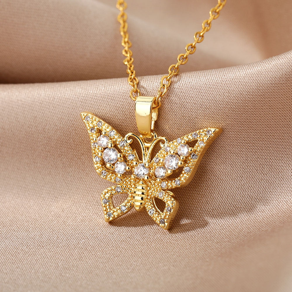 Crystal Butterfly Pendant Gold Necklace