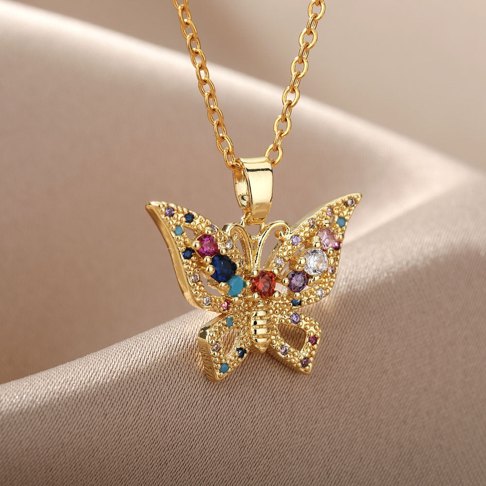 Crystal Butterfly Pendant Gold Necklace