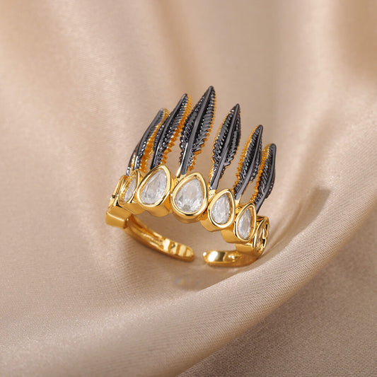 Black Feather Crown Gold Ring