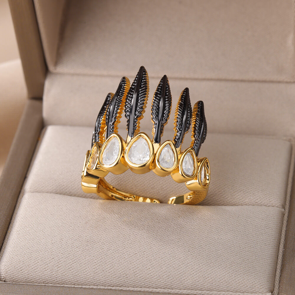 Black Feather Crown Gold Ring