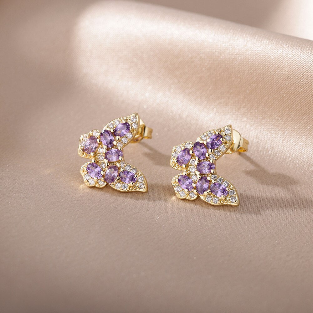 Crystal Butterfly Stud Gold Earrings