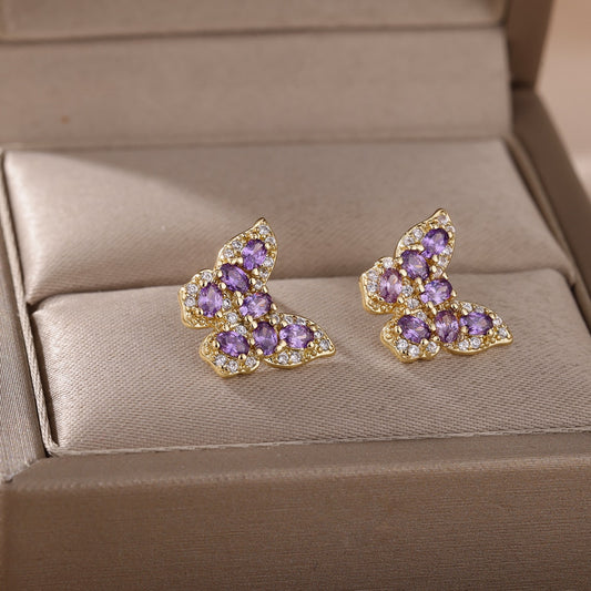 Crystal Butterfly Stud Gold Earrings