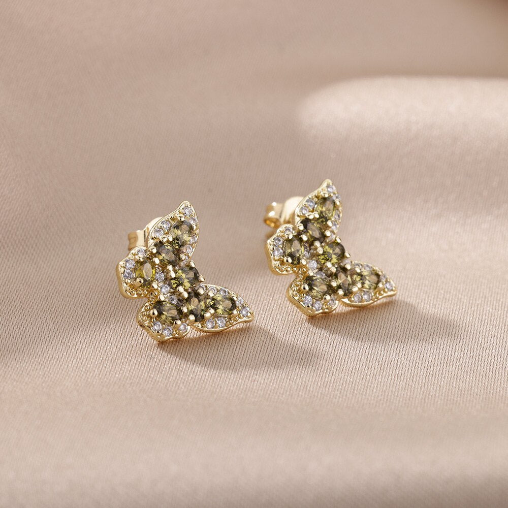 Crystal Butterfly Stud Gold Earrings